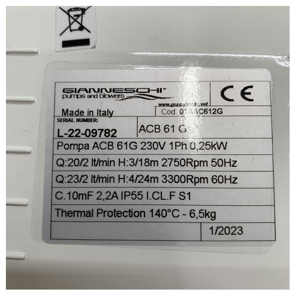 Gianneschi Webasto WB500G αντλία νερού ψύξης κλιματισμού 30L/min 230V - WBCL001305A