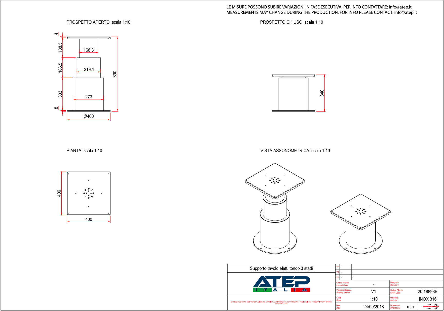 ATEP elektrisk bordstøtte AISI316 H690-H340 3-trins 24V - 20.18898B/INO