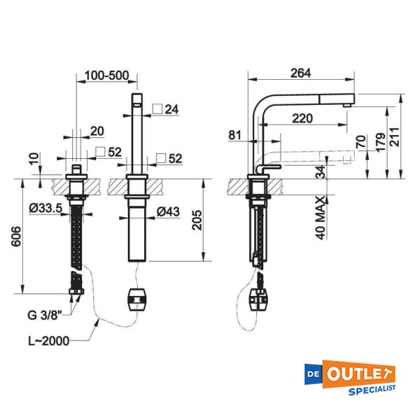 Gessi single lever chrome kitchen tab adjustable hot | cold - 17423-031
