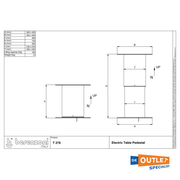 Besenzoni T277 Pedestal de mesa eléctrica em aço inoxidável quadrado 380 - 730 mm