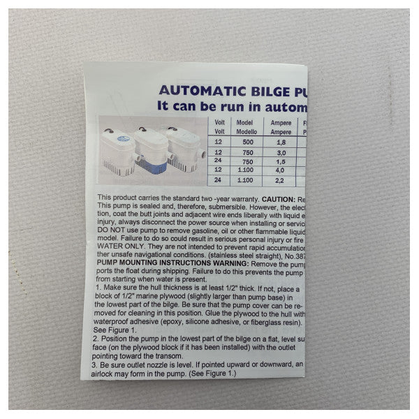 自動スイッチ 750GPH - 018124 が付いている Allpa 12V の電気ビルジ ポンプ