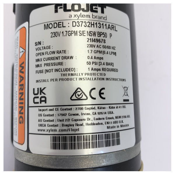 Pompe à diaphragme Flojet Duplex II 6,4 L/m - 60 PSI - D3732H1311ARL 