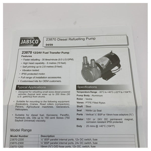 Jabsco 23870-1200 Bomba de combustível marítima de palhetas deslizantes - 12V Puppy - 35 lpm 