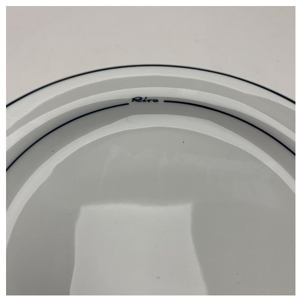 Riva Ceramic 21cm Flat Round Plate for Marine Use - Durable Porcelain Dinnerware with Blue Trim and Riva Logo (Assiette ronde plate en céramique de 21 cm à usage maritime) - Vaisselle en porcelaine durable avec bordure bleue et logo Riva