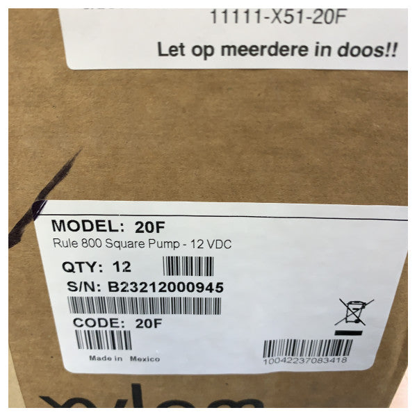 Rule 800 GPH upotettava merikäyttöinen pilssipumppu 12V - 20F Square Series 