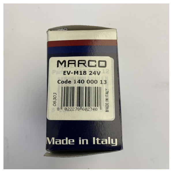 Válvula solenoide Marco Marine 24V 1/4 pulgada 8 mm certificada R.I.NA. con conector DIN 