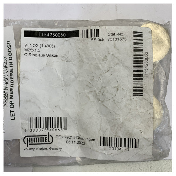 Hummel M25x1.5 V-INOX VMQシリコンシール付きブラインドプラグ - ステンレススチール 