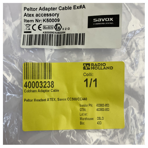 Cobham Savox K50009 ATEX lydadapterkabel til Peltor-systemer 