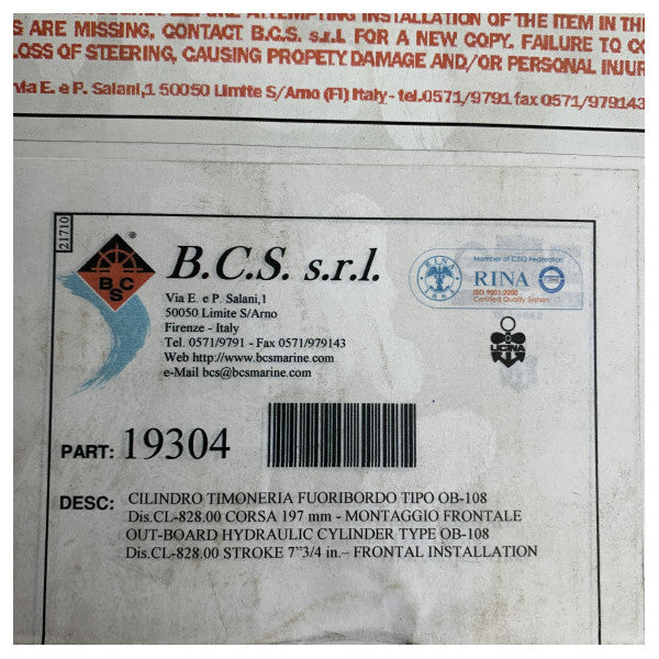 BCS OB-108 - 19304 cylindre de direction hydraulique pour moteurs hors-bord - 197 mm - 3500N 