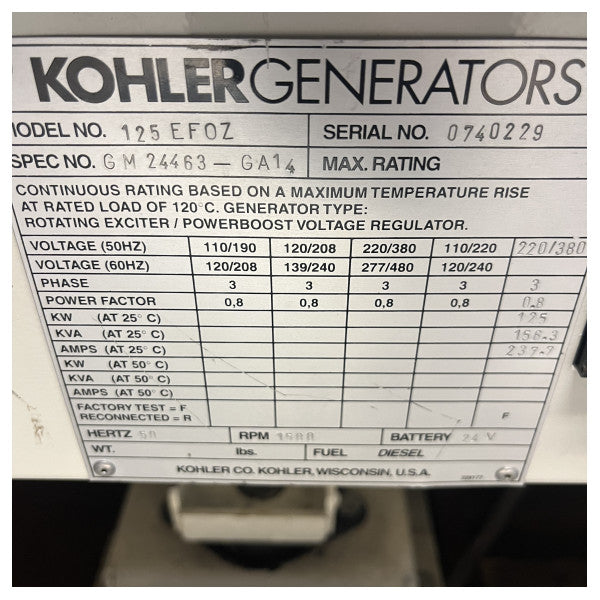 USATO Generatore diesel marino Kohler 125EFOZ 1500 RPM | 125 kW | 50 Hz | 220/380V