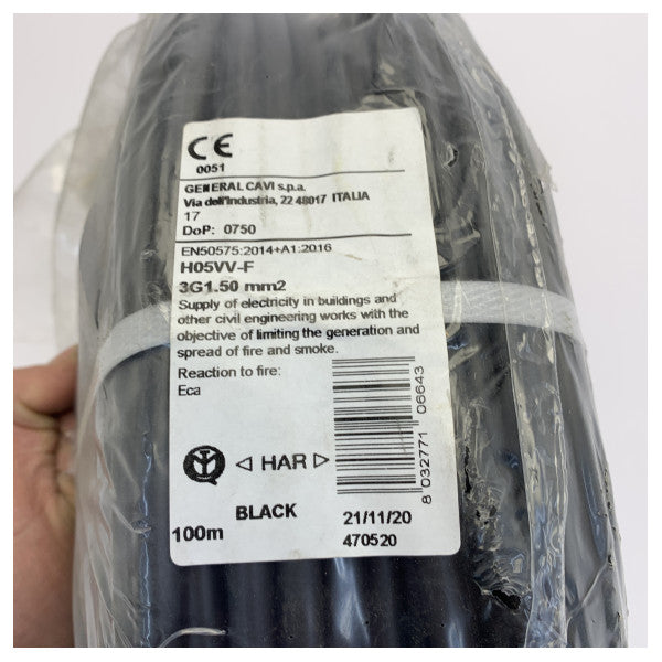 Cooselec H05VV-F 3G 1,5 mm 100 m fleksibel strømkabel, sort 