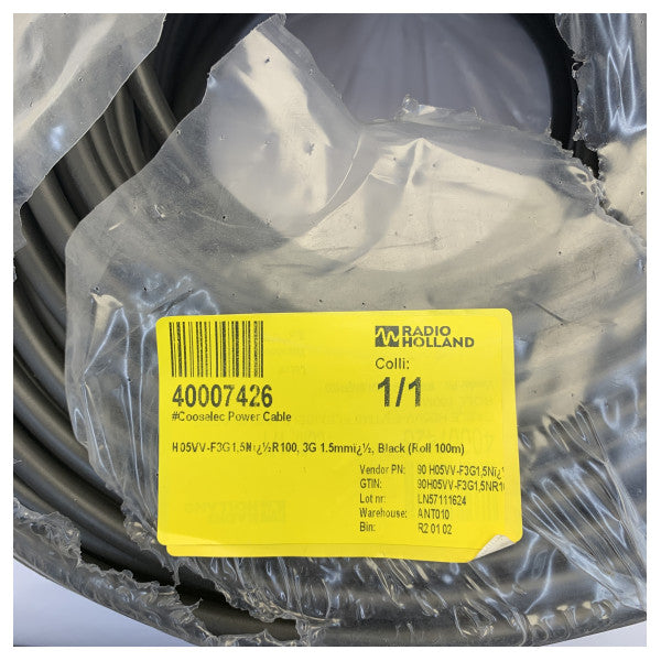 Cooselec H05VV-F 3G 1,5 mm 100 m fleksibel strømkabel, sort 