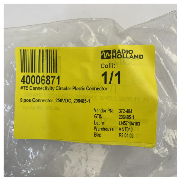 TE Connectivity 206485-1 Circular Plastic Connector 9-Pin 250VDC CPC 