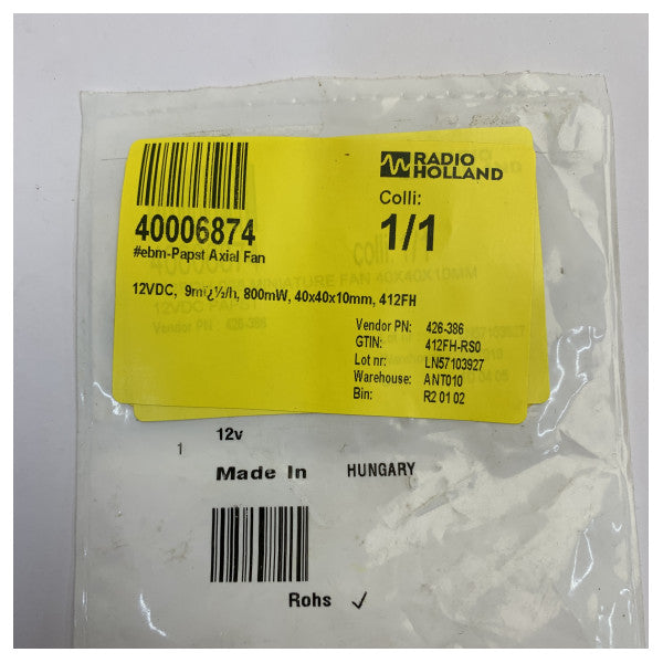 ebm-papst 412FH Aksiyal Fan 12V DC 9m³/h 40x40x10mm Deniz Ekipmanı 