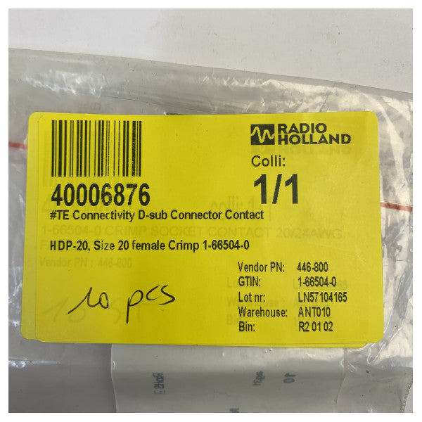 TE Connectivity AMPLIMITE HDP-20 サイズ20 メス用圧着D-Subコンタクト 1-66504-0 (10個) 