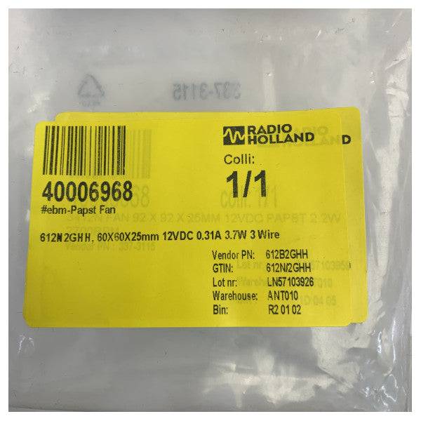 Ebm-papst 612N2GHH аксиален охлаждащ вентилатор 12VDC 3.7W 60x60x25mm 3-жилен - Нов 
