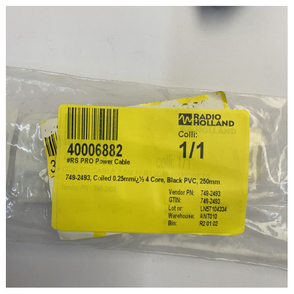 RS PRO 749-2493 spoleformet 4-leder elektrisk kabel 0,25 mm² sort PVC-strømkabel 