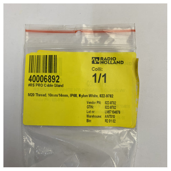 RS PRO M20 Cable Gland IP68 Nylon White 10-14 mm - 822-9782 