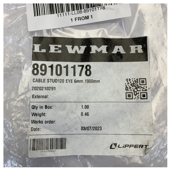 Lewmar 89101178 kejbil marittimu ta’ 6mm x 1900mm bi Stud 120 u Eye 