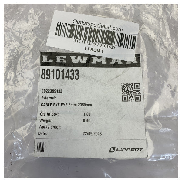 Lewmar 89101433 6 mm rustfritt stålkabel øye til øye 2350 mm 