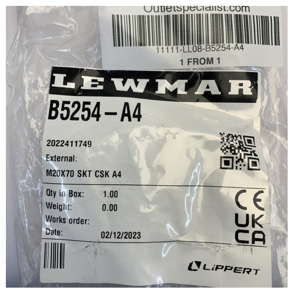 Lewmar B5254-A4 M20x70 kuusiokolo uppokantainen ruuvi A4-70 ruostumatonta terästä 