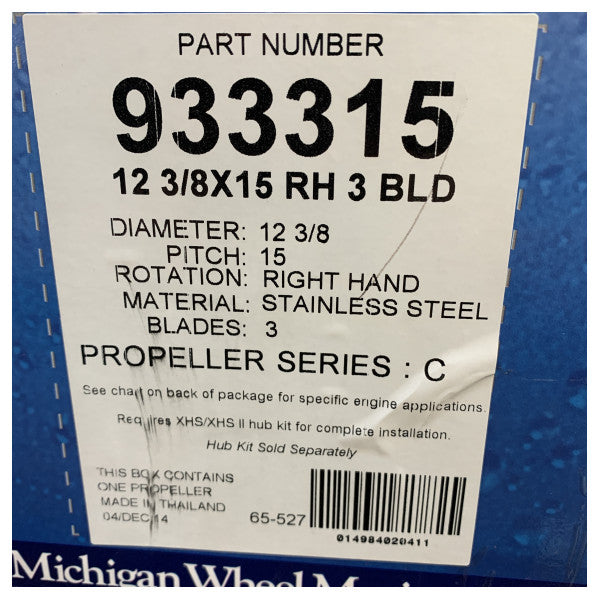 Michigan Ballistic 3-bladet rustfri stålbådpropel 12 3/8 x 15 RH - 93331 