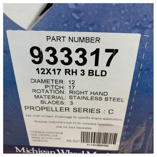 Michigan Ballistic 3-blads rustfritt stål propell 12 x 17 RH - 933317 