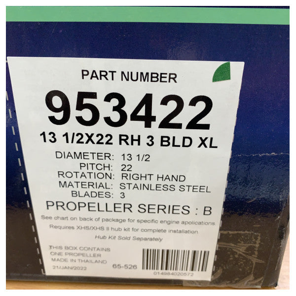 Michigan Ballistic 3-blads propell i rustfritt stål 13 1/2 x 22 RH - 953422 