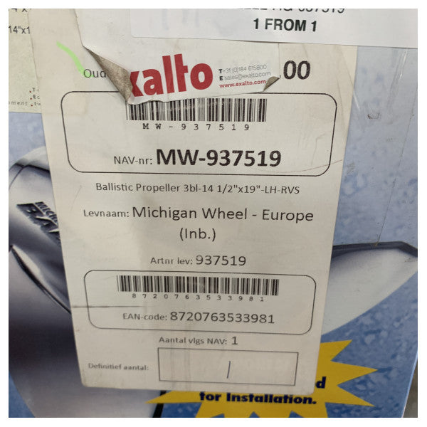 Michigan Ballistic 3 Pervaneli Paslanmaz Çelik Pervane 14 1/2 x 19 LH - 937519 