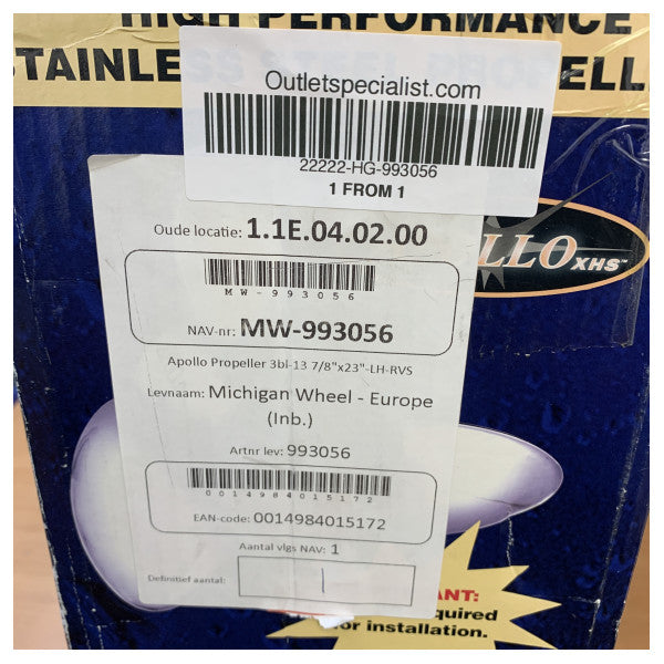 Michigan Apollo 3-blads rustfri stålpropell 13 7/8 x 23 LH - 993056 