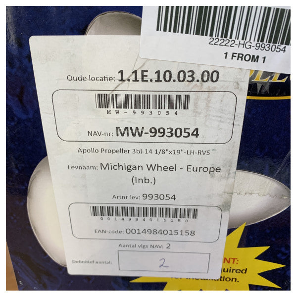 Michigan Apollo 3-Blade Stainless Steel Propeller 14 1/8 x 19 LH - 993054 