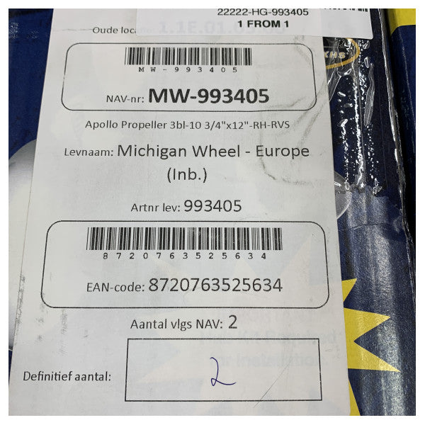 Michigan Apollo 3-blads propell i rustfritt stål 10 3/4 x 12 RH - 993405 