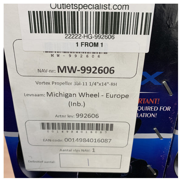 Michigan Vortex 3-bladet aluminiumspropel 11 1/4 x 14 RH - 992606 