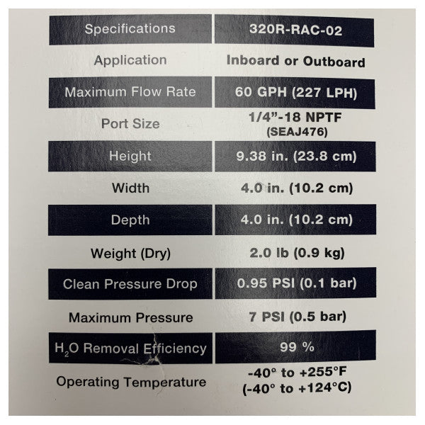 Parker Racor 320R-RAC-02 Filtre à carburant marin et séparateur d'eau pour moteurs in-bord et hors-bord