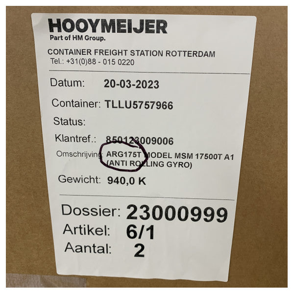 Tohmei ARG175T 25 tons anti-rulle gyro bådstabiliseringssystem 