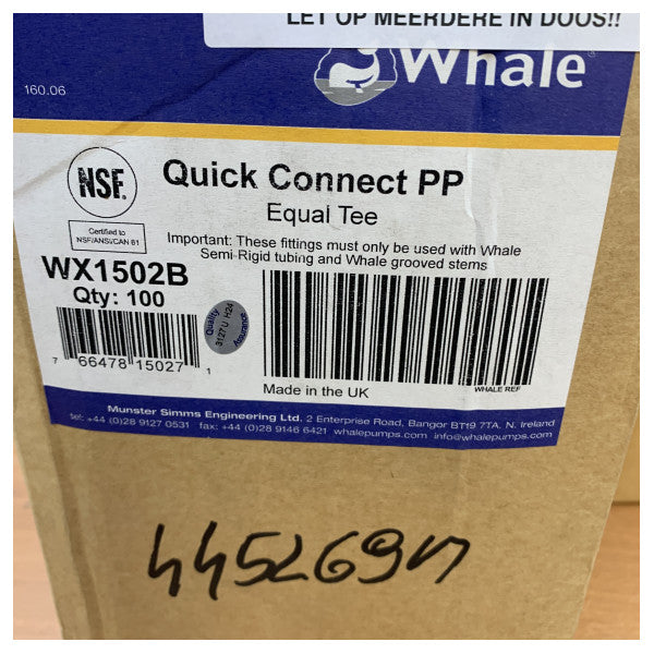 Whale WX1502B Quick Connect ligestillet T-stykke 15 mm rørfitting til marine & RV 