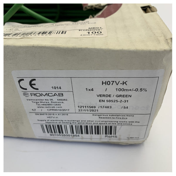 H07V-K 4mm2 Single Core Flexible Electrical Cable - Green 100m