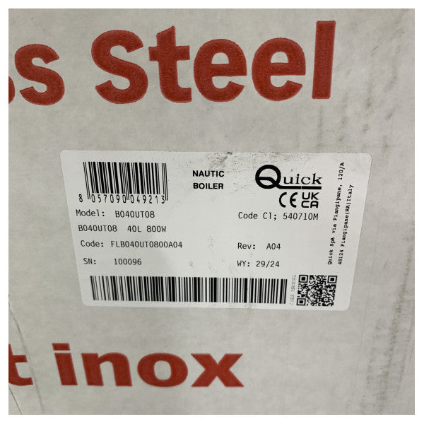 Quick Sigmar Marine Water Heater B040UT - 40L 220V Stainless Steel Boiler 