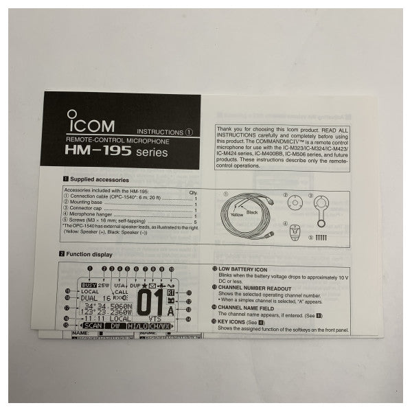Icom CommandMic HM195B Mikrofon ta' Kontroll Remot għall-Radios Marini VHF 