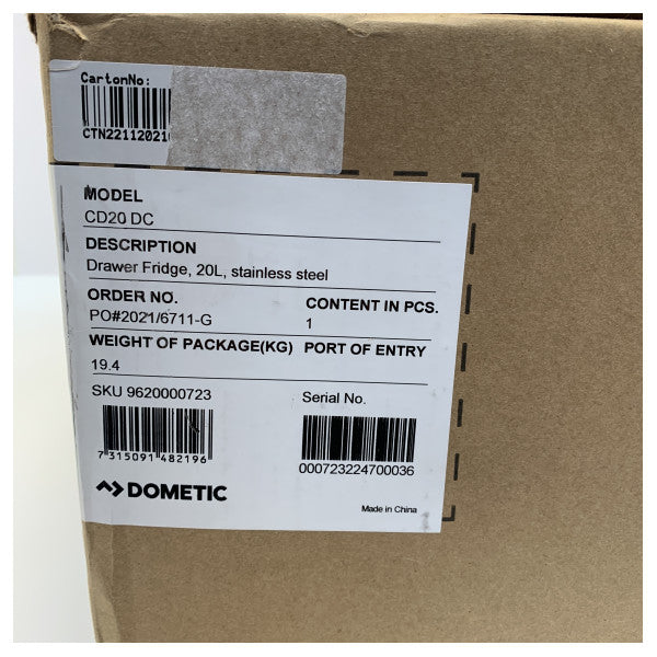 Dometic CD20 20L køleskab med kompressorskuffe i rustfrit stål 12/24V