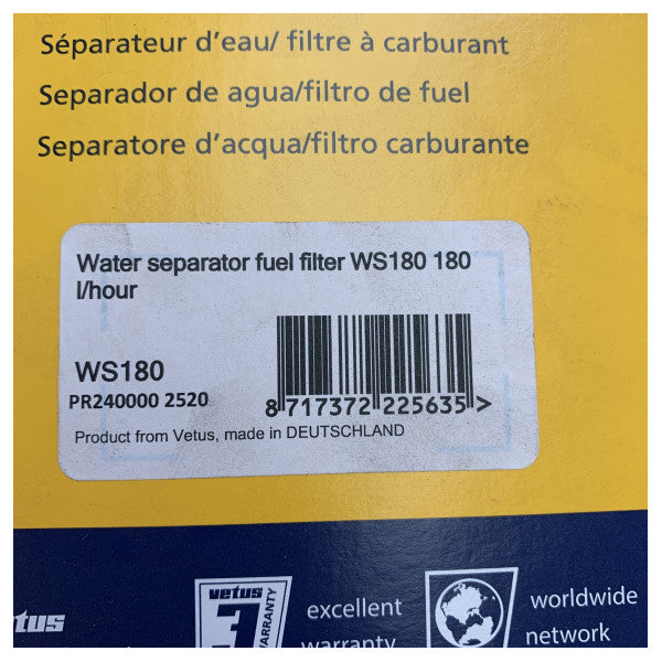 Vetus WS180 Marine Fuel Water Separator Filter - Diesel & Gasoline Engine Protection 