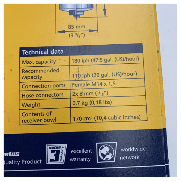 Vetus WS180 Marine Fuel Water Separator Filter - Diesel & Gasoline Engine Protection 