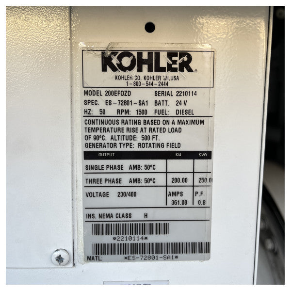 NUEVO KOHLER 200 kW Generador diesel marino 1500 RPM | 50 Hz | 250 kva