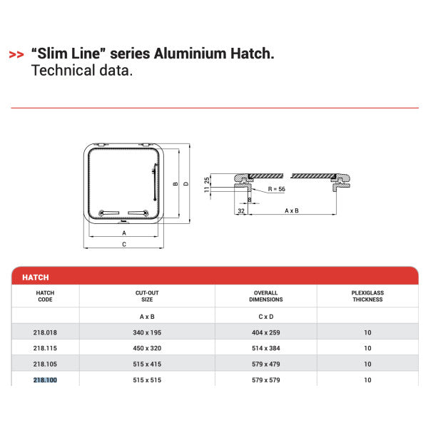 Nemo Slimline aluminium opening hatch 515 x 515 - 218.100