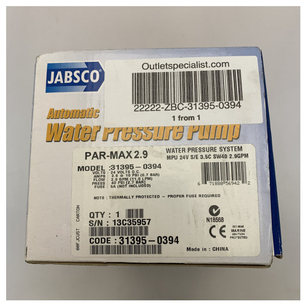 JABSCO PAR MAX 2,9 DRUCKEL VERTRELLER TRINKERWASSERPUMPER 12V 11L/MIN - 31395-0394