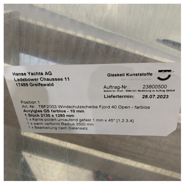 Parabrisas de barco de plexiglás Fjord 40 Open 2130 x 1280 x 10 mm - TBF2003 