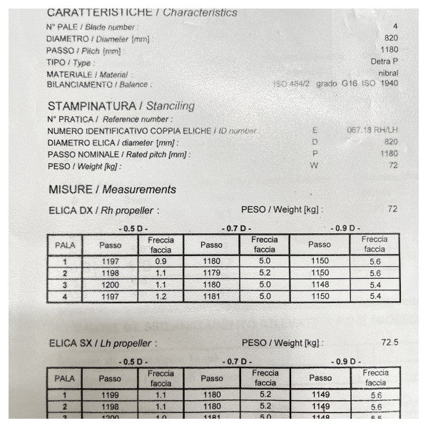 Hélice de bateau Nibral à 4 pales de haute qualité, diamètre 820 mm, pour moteurs marins