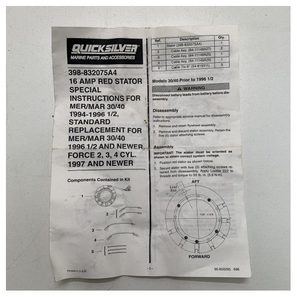 Mercury Quicksilver 100 - 125HP veneen staattorisarja - 398-832075A 4