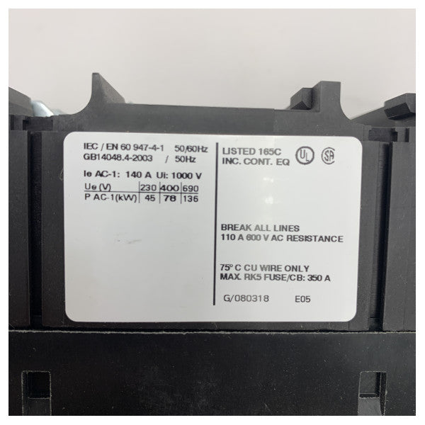 Siemens 3RT1346-1AL20 3NO 230V 50A 22kW relay