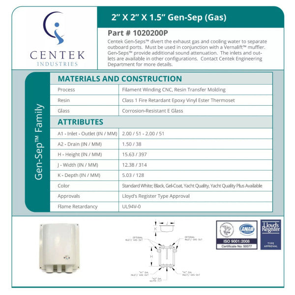 Séparateur d'échappement de générateur Centek 2 pouces - 1020200